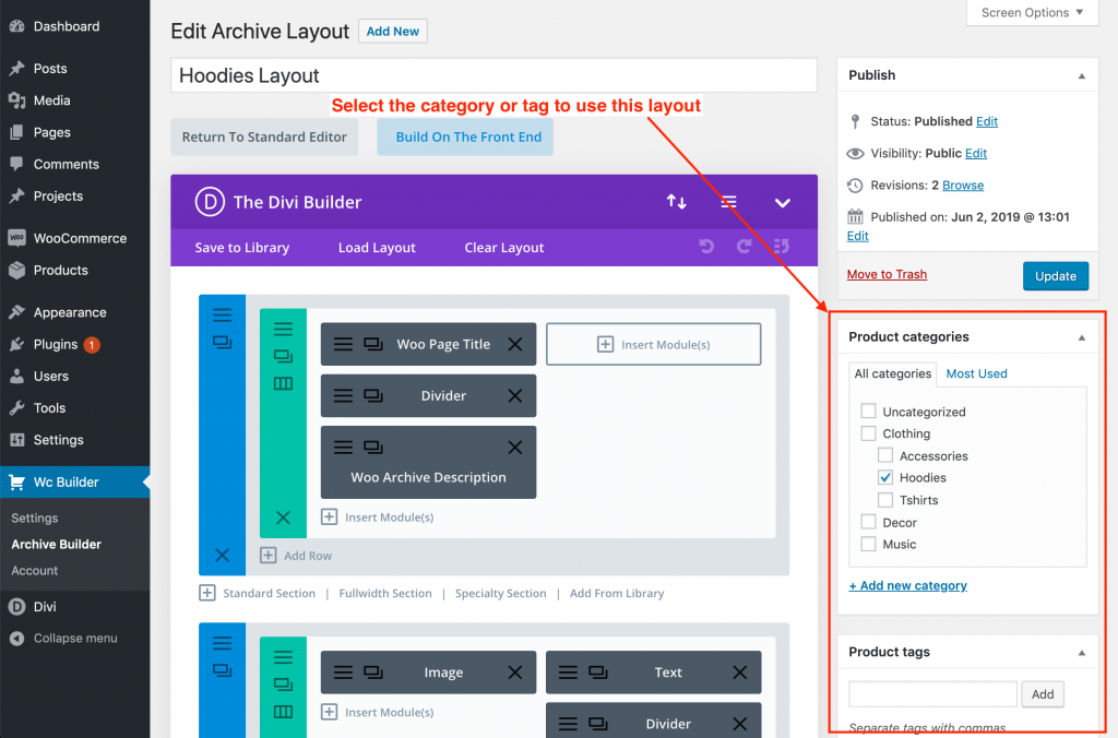 A layout in the archive builder