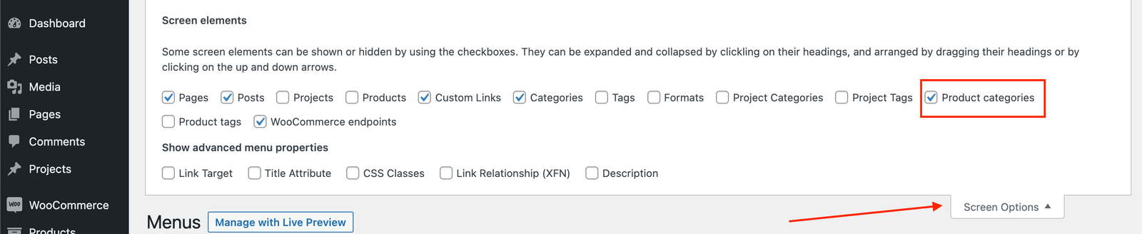Display WooCommerce categories in the menu