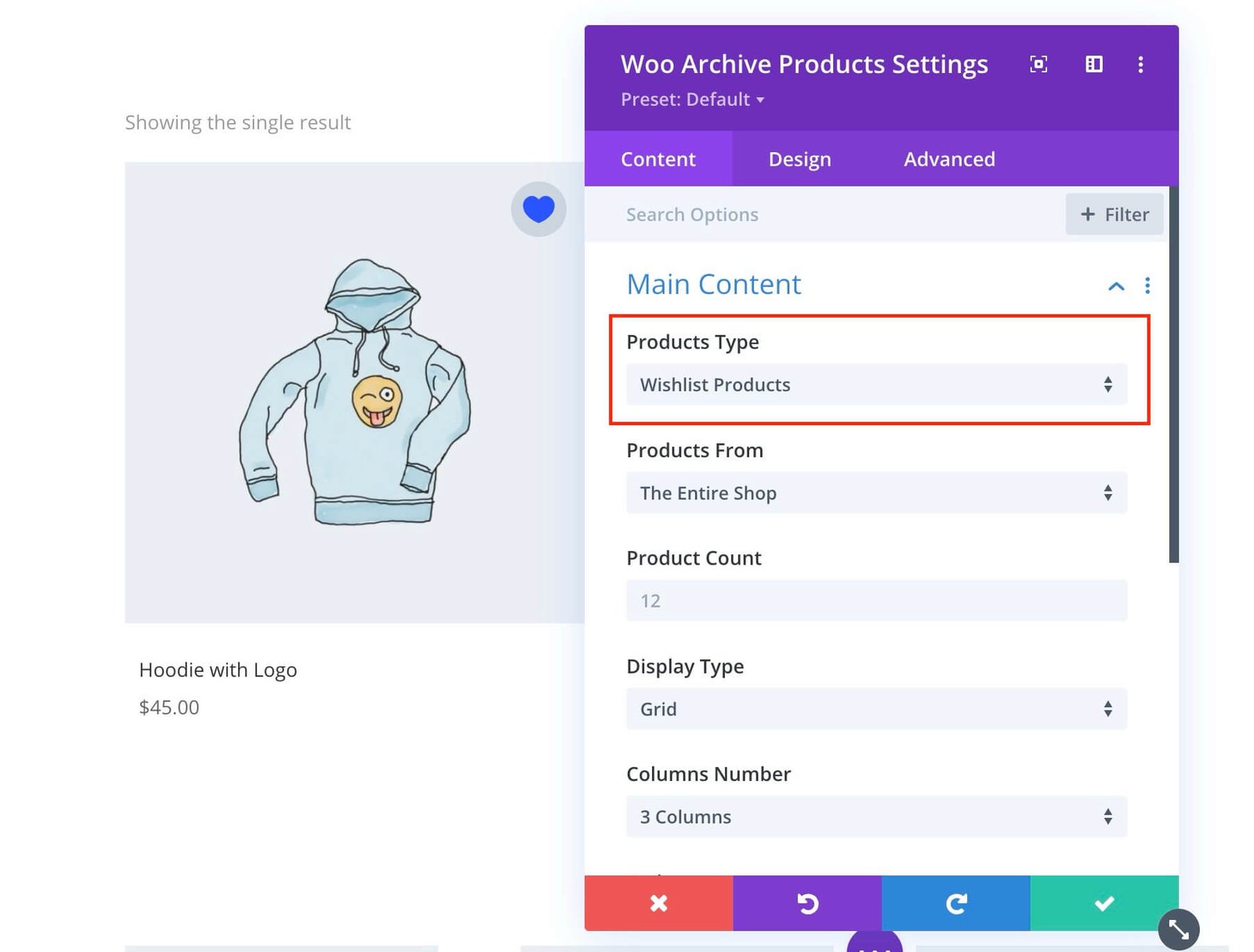 Archive Products module displaying the WooCommerce Wishlist Products