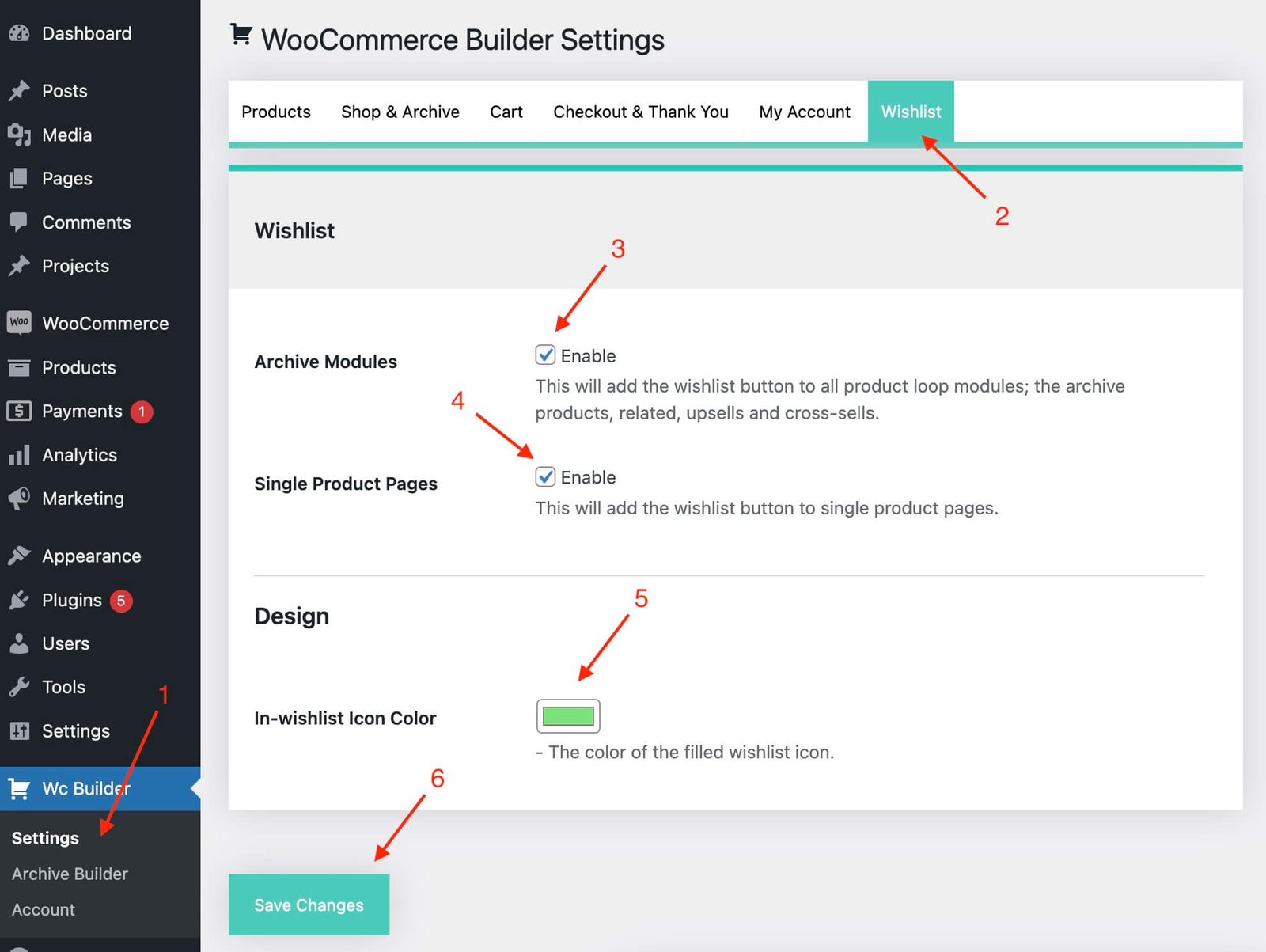 WooCommerce builder wishlist settings page
