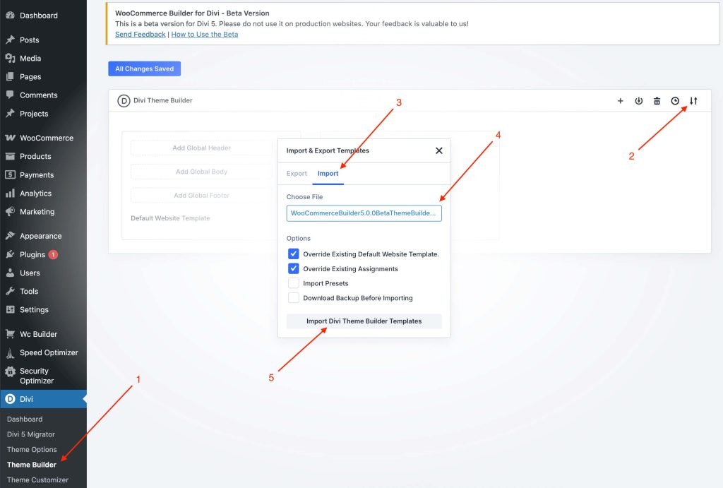 upload divi 5 theme builder package